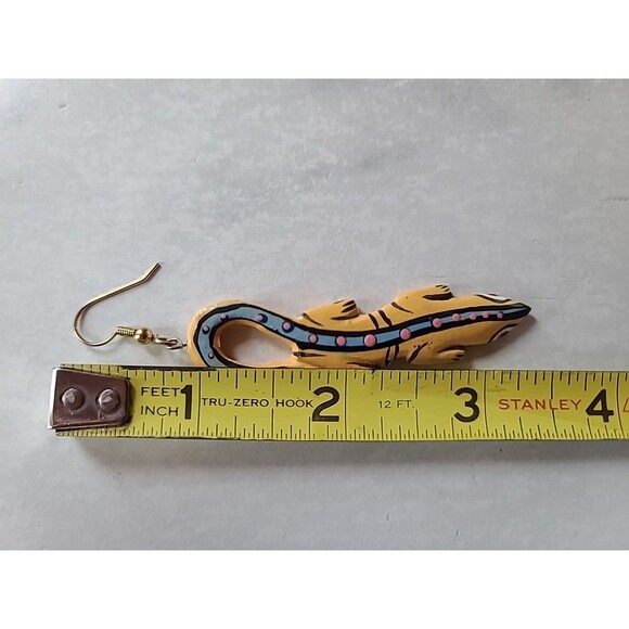 Painted Wooden Dangling Salamander Earrings Vintage Costume Jewelry NOS - Picture 8 of 10